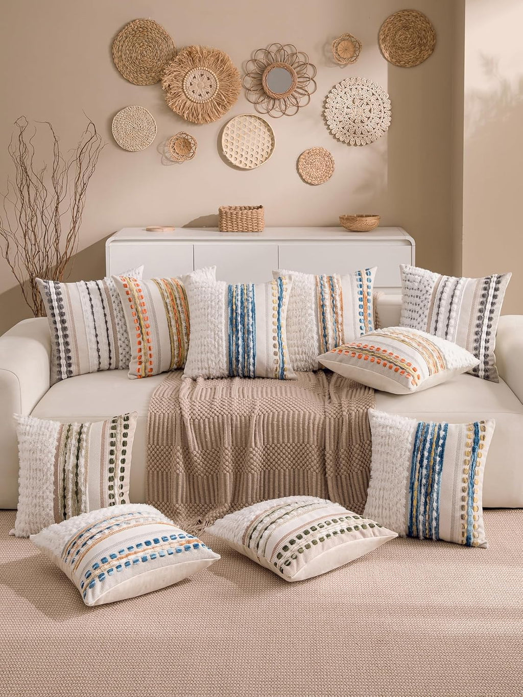 Boho Chenille Tufted Couch Throw Pillow Covers 18x18 Inch Set of 2 Farmhouse Striped Decorative Pillow Covers Accent Neutral Square Pillowcase Green Cushion Covers for Livingroom Sofa Bed