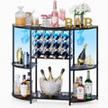 JKsmart Wine Bar Cabinet with LED Lights, Mini Wine Bar Cart with Storage and Glass Holder, Home Bar Coffee Bar for Liquor, 3-Tier Bar Table for Kitchen, Dining Room, Living Room, Black