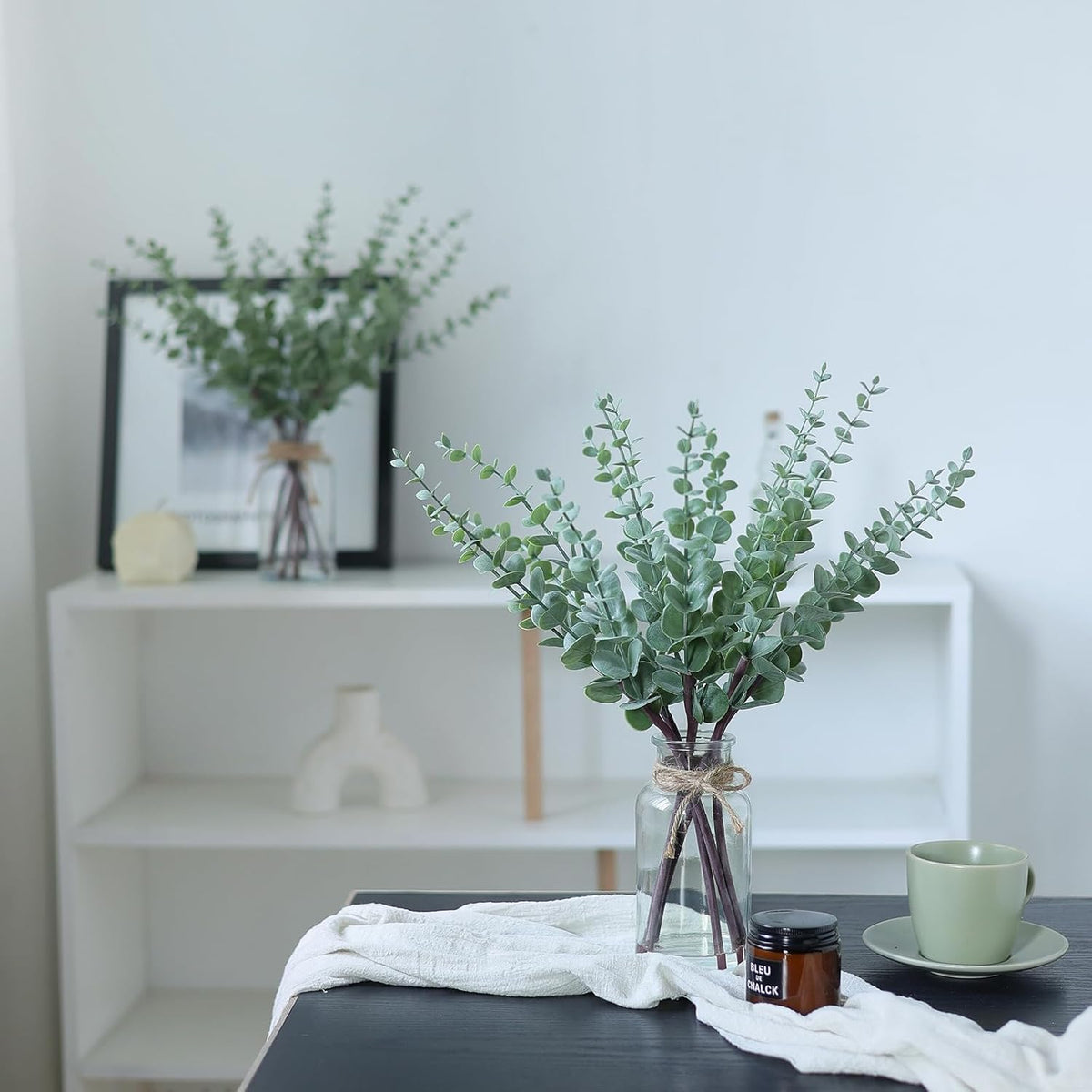 17.5" Artificial Eucalyptus Stems in Glass Vase with Faux Water,Fake Plant Eucalyptus Leaves White Seeds for Centerpiece Table Decorations Farmhouse Wedding Home Greenery Decor (Sage Green)