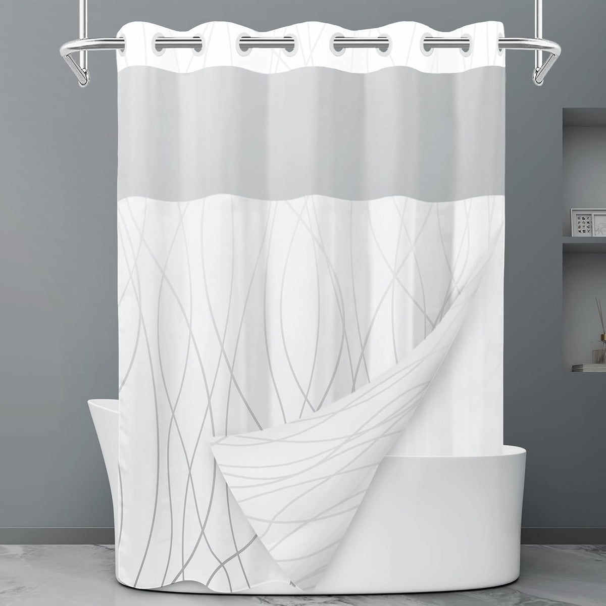 No Hook Grey White Striped Shower Curtain with Snap in Fabric Liner Set - Hotel Liner Set with See Through Mesh Top Window,Machine Washable, 71x74 INCH