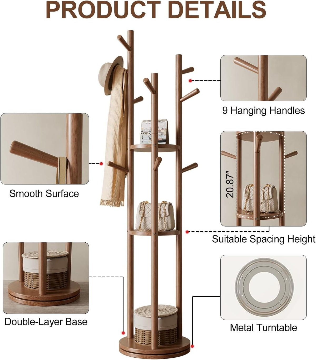 Solid Wood Rotary Coat Rack, Freestanding Coat Rack with 3 Shelves and 9 Hooks, Coat tree for Bedroom, Entryway, Livingroom, Coat Hanger Stand for Coats, Scarves, Handbags (Walnut)