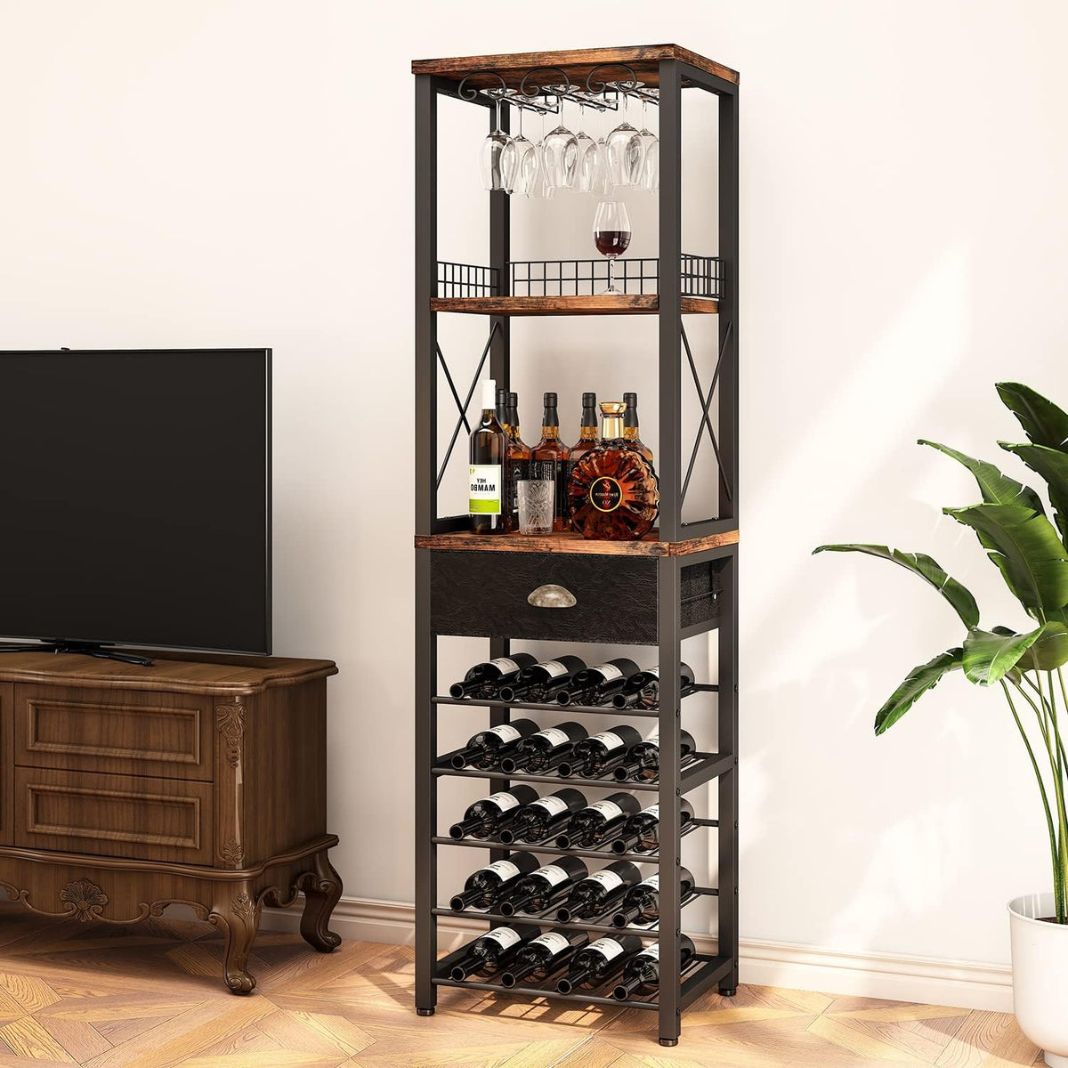 Homeiju Wine Rack Freestanding Floor, Bar Cabinet for Liquor and Glasses, 4-Tier bar Cabinet with Tabletop, Glass Holder, Storage Drawer and Wine Storage for Living Room (Patent No.D29872845)