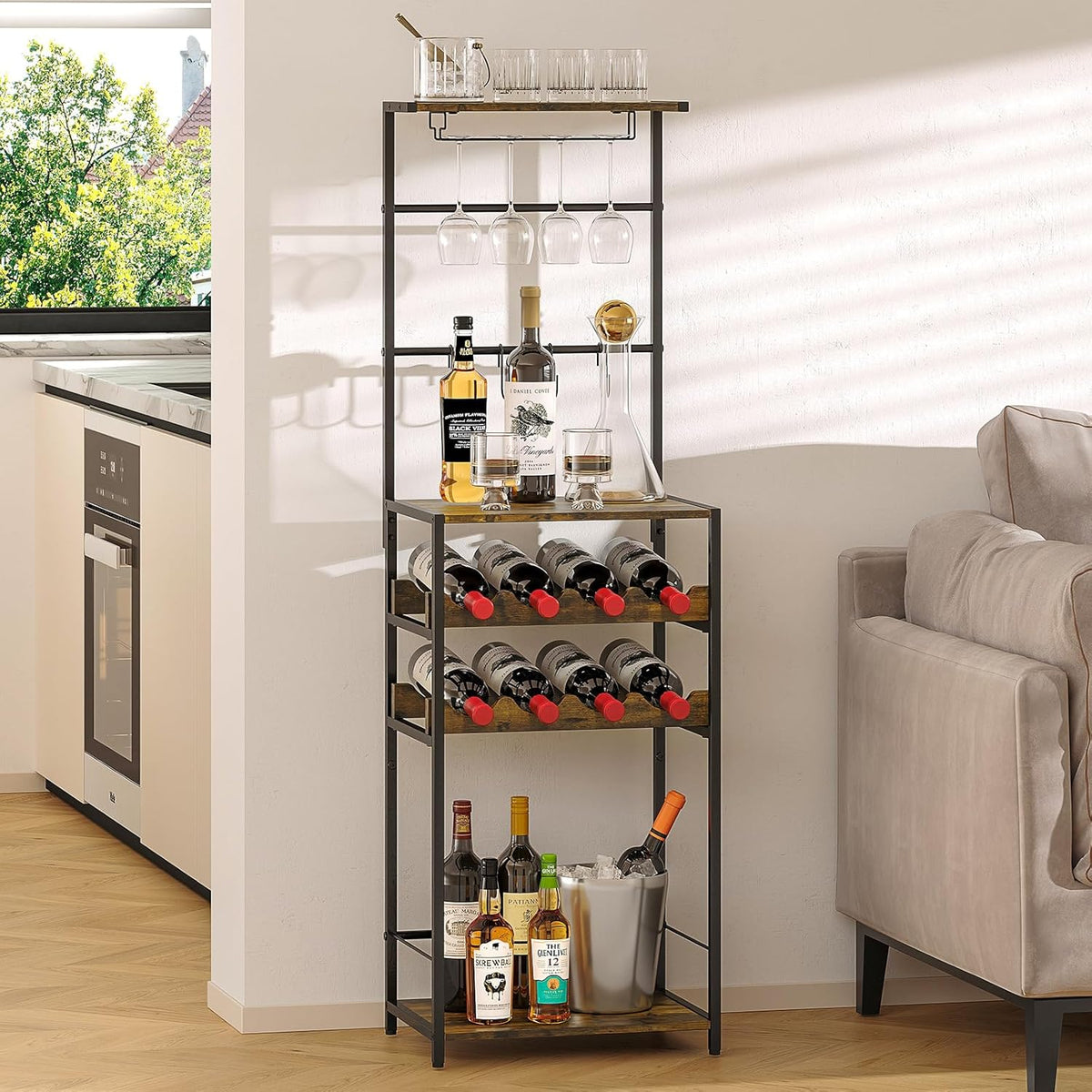5-Tier Wine Rack Freestanding Floor, Liquor Bar Stand with Glasses Holder and 4 S Hooks, Corner Mini Bar Cabinet for Small Space, 8 Bottles Wine Bar Cabinet for Home, 11.81"D x 16.53"W x 53.55"H