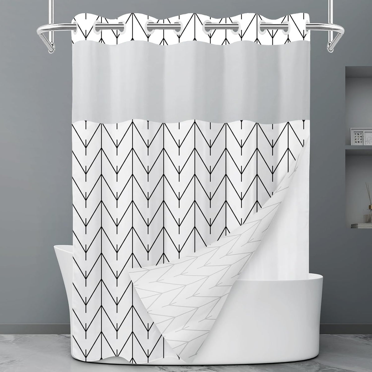No Hook Grey White Striped Shower Curtain with Snap in Fabric Liner Set - Hotel Liner Set with See Through Mesh Top Window,Machine Washable, 71x74 INCH