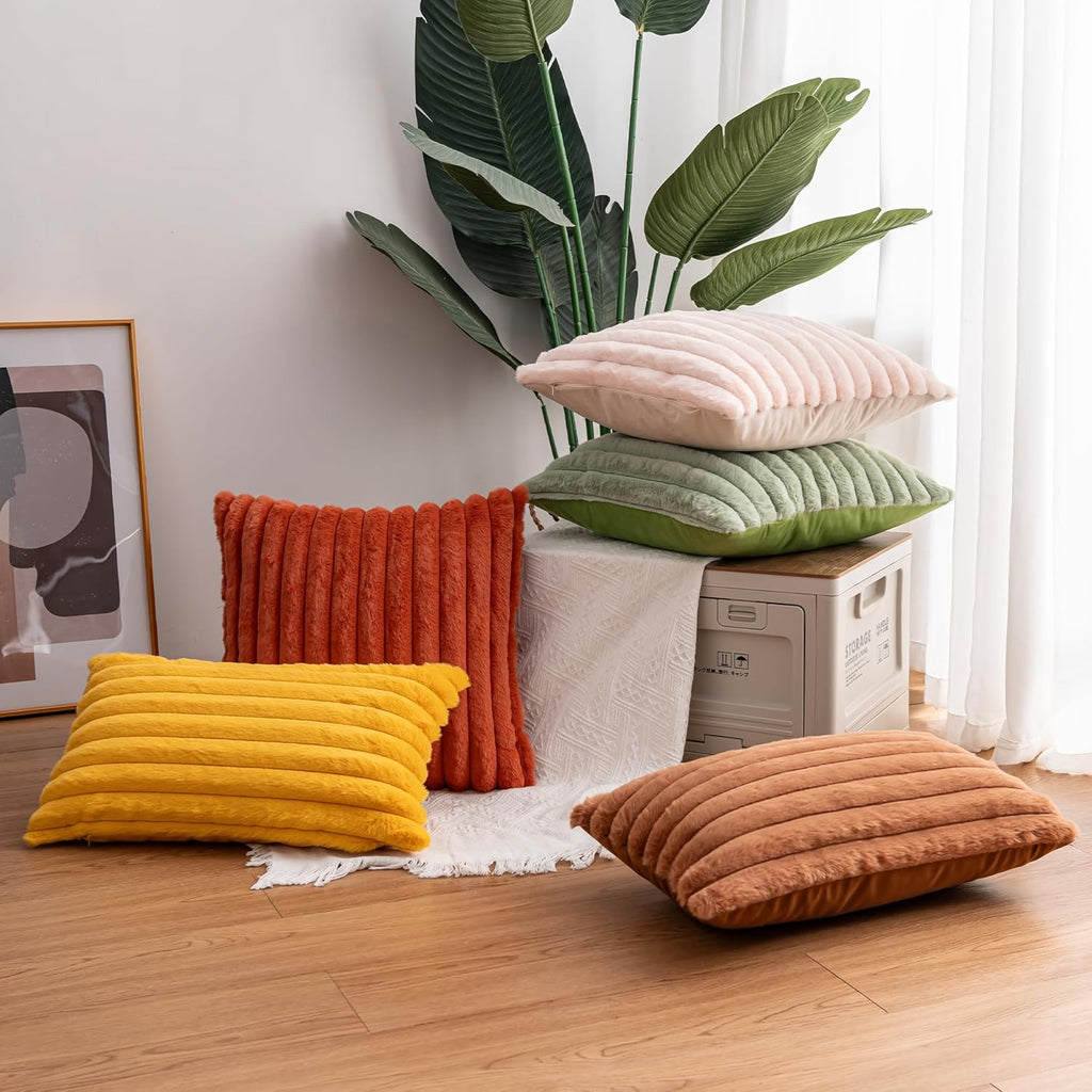 Pack of 2 Faux Fur Christmas Throw Pillow Covers 18x18 Inch, Soft Plush Striped Neutral Couch Pillow Cover, with Velvet Back Modern Home Decor for Sofa Living Room Couch Bed Cream White
