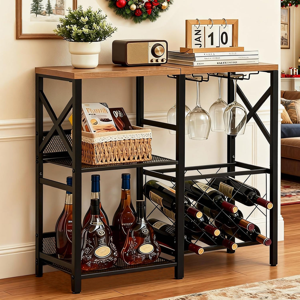 MNEETRUNG Wine Bar Cabinet, Rustic Freestanding Wine Rack with Glass Holder and Fence, Bar Cabinet with 2 Tier Storage, Liquor Shelf for Home Bar, Rustic Brown