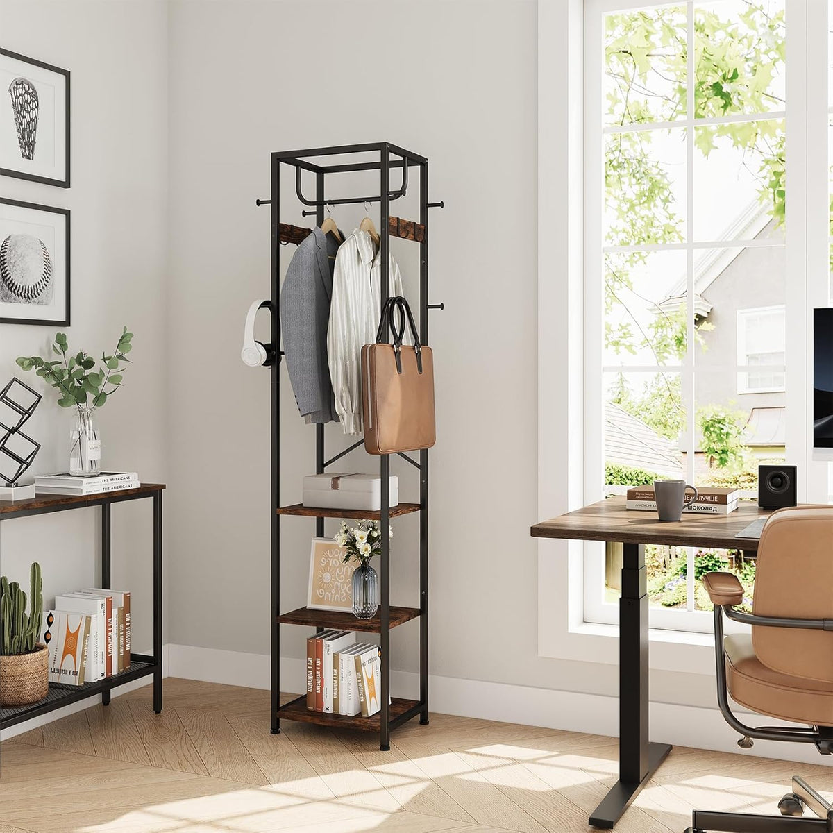Coat Rack Freestanding, Hall Tree with 3 Storage Shelves and 12 Hooks, Industrial Clothes Rack Stand Organizer for Bedroom, Hallway, Entryway, Office, Living Room, Rustic Brown