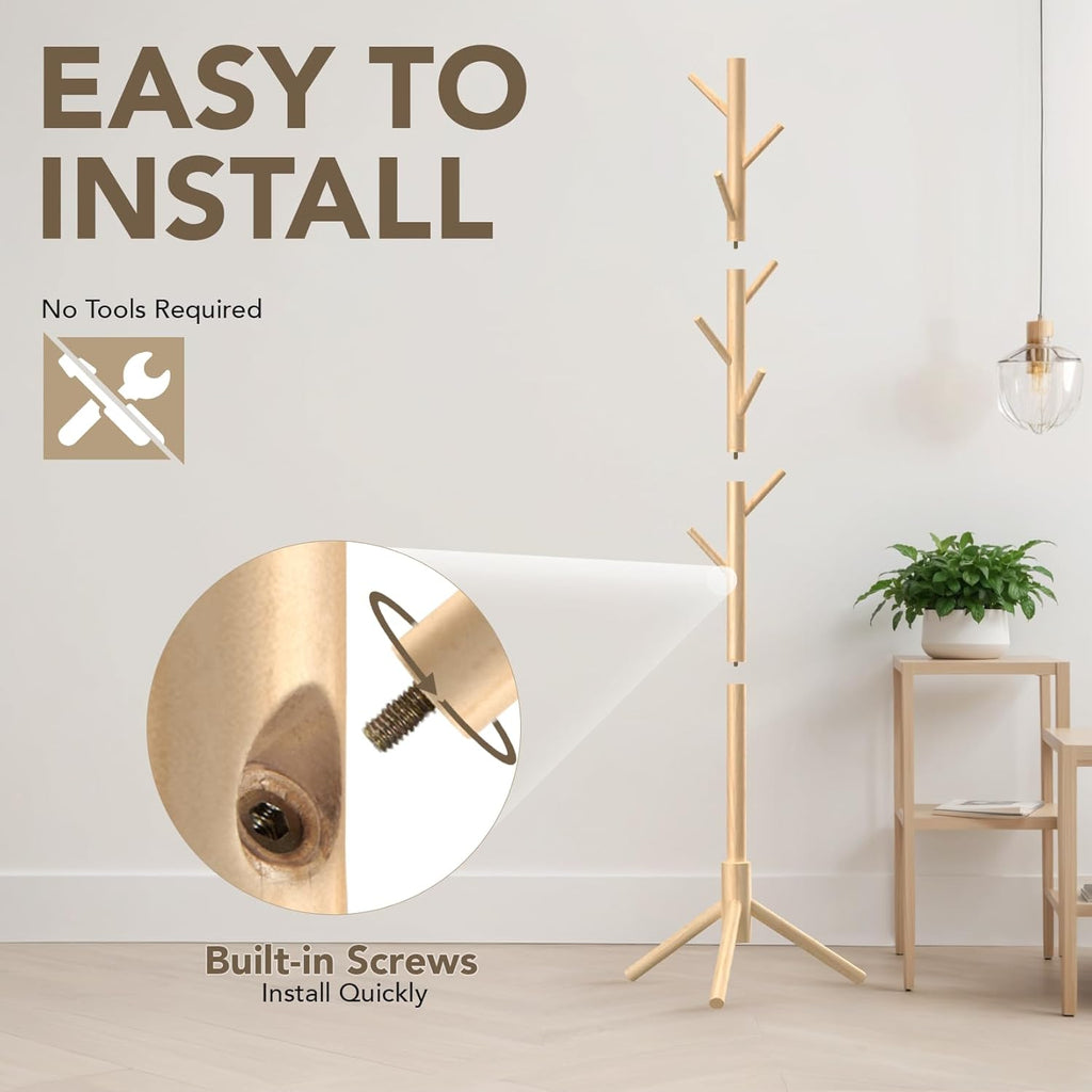 Wooden Tree Coat Rack Stand,Sturdy Freestanding Coat Rack with 8 Hooks,3 Adjustable Height for Child Adult,Wood Coat Stand Tree Fits Entryway Bedroom Office for Bags,Hats