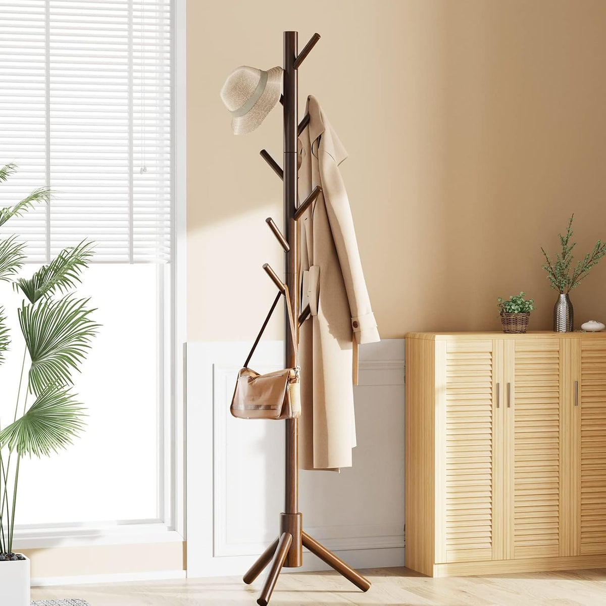 Sturdy Wooden Coat Tree with 8 Hooks, 3 Adjustable Sizes for Clothes, Hat Stand Used in Bedroom/Office/Entryway, Brown