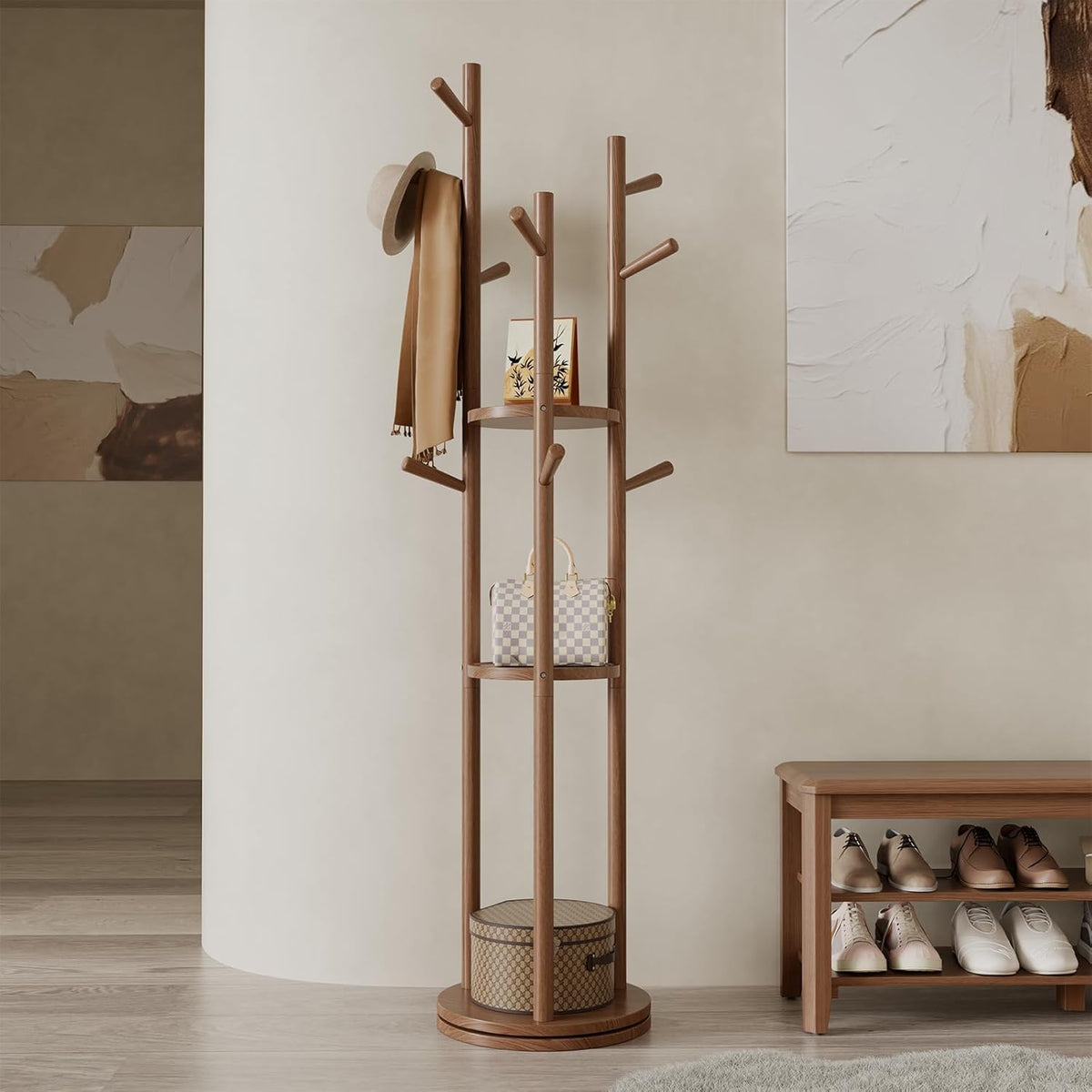 Solid Wood Rotary Coat Rack, Freestanding Coat Rack with 3 Shelves and 9 Hooks, Coat tree for Bedroom, Entryway, Livingroom, Coat Hanger Stand for Coats, Scarves, Handbags (Walnut)