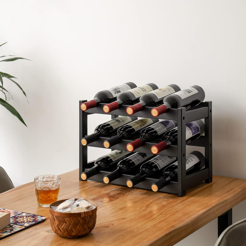 Bamboo Wine Rack, Sturdy and Durable Wine Storage Cabinet Shelf, Wine Racks Countertop for Pantry,Kitchen,3-Tier 12 Bottles Wine Rack Black