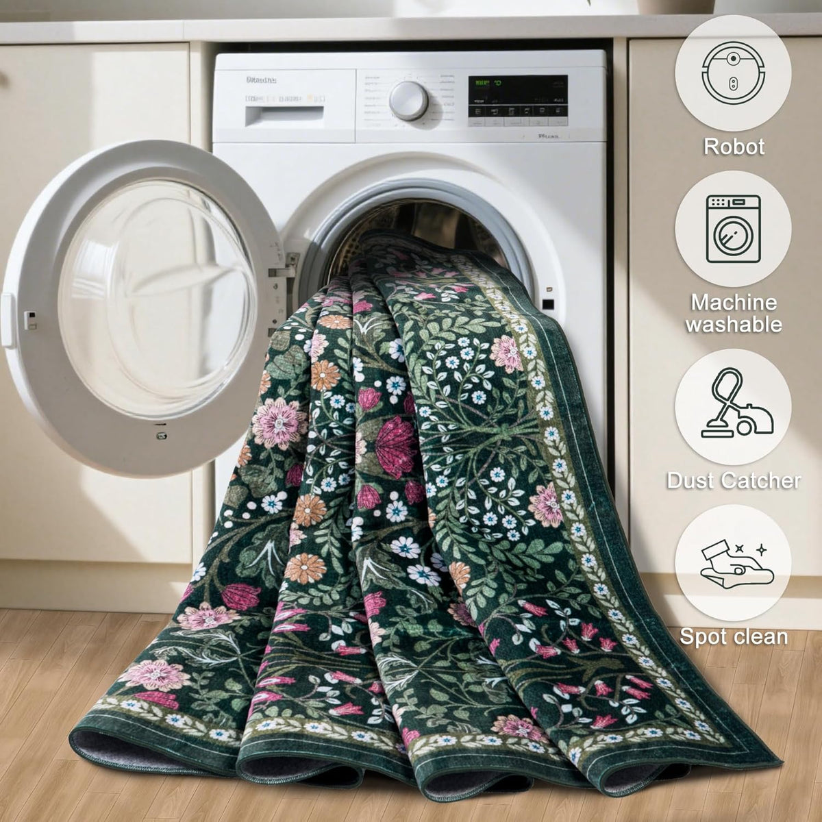 8x10 Area Rugs for Living Room: Floral Washable Rug Vintage Large Soft Boho Non-Slip Carpet Indoor Floor Stain Resistant Carpets for Bedroom Dining Room Farmhouse Nursery Home Office Dark Green