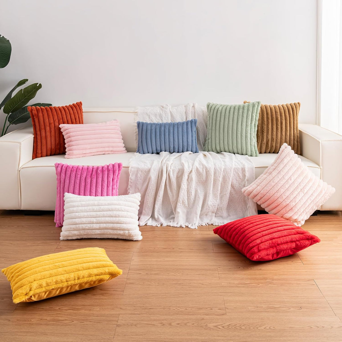 Pack of 2 Faux Fur Christmas Throw Pillow Covers 18x18 Inch, Soft Plush Striped Neutral Couch Pillow Cover, with Velvet Back Modern Home Decor for Sofa Living Room Couch Bed Cream White