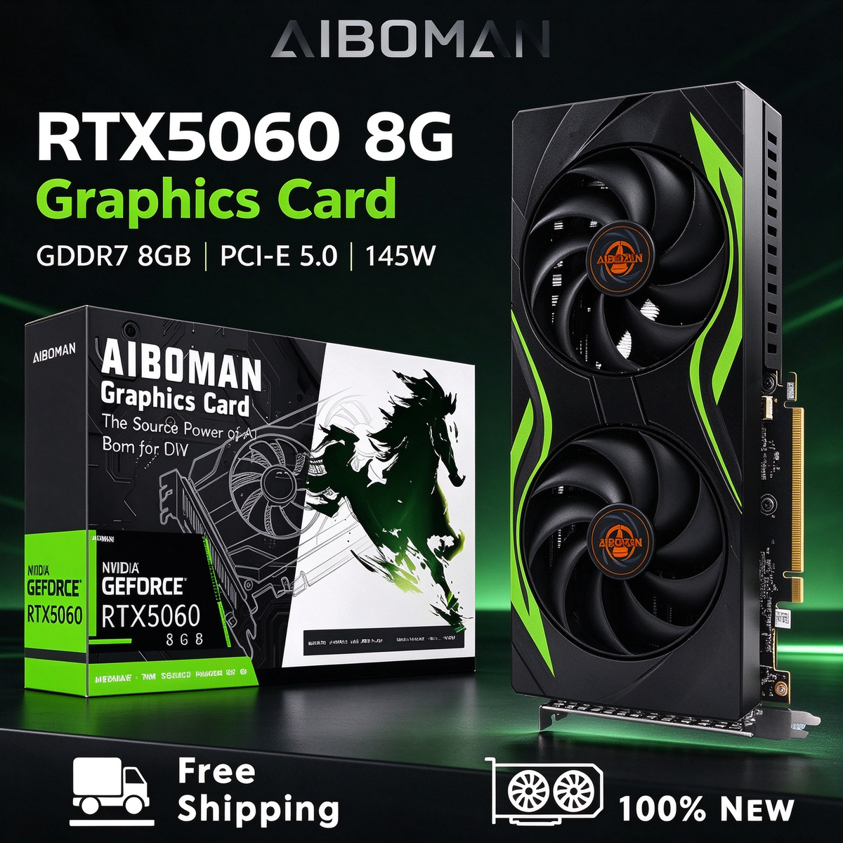 AIBOMAN GPU RTX 5060 8GB GDDR7 3840cuda HDMI+DP PCI Express X16 5.0 145W Graphics Cards