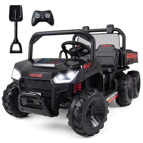 24V 2-Seater Ride on Dump Truck, 4WD Kids Ride on Car with Electric Dump Bed, Shovel, Music, Story, Wireless Connection, Lights & Parent Remote, Electric Vehicle for Boys Girls, Navy