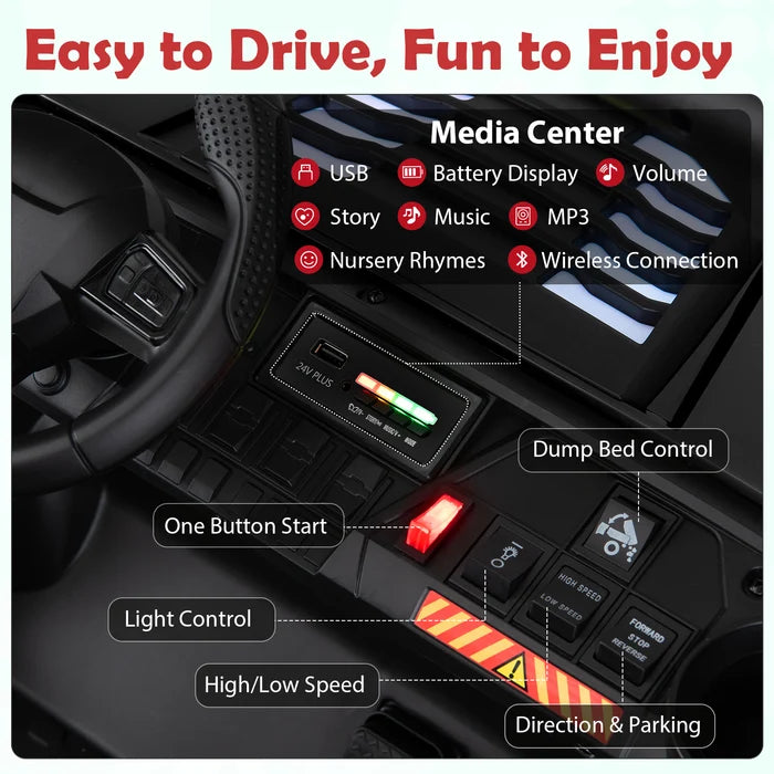 24V 2-Seater Ride on Dump Truck, 4WD Kids Ride on Car with Electric Dump Bed, Shovel, Music, Story, Wireless Connection, Lights & Parent Remote, Electric Vehicle for Boys Girls, Navy
