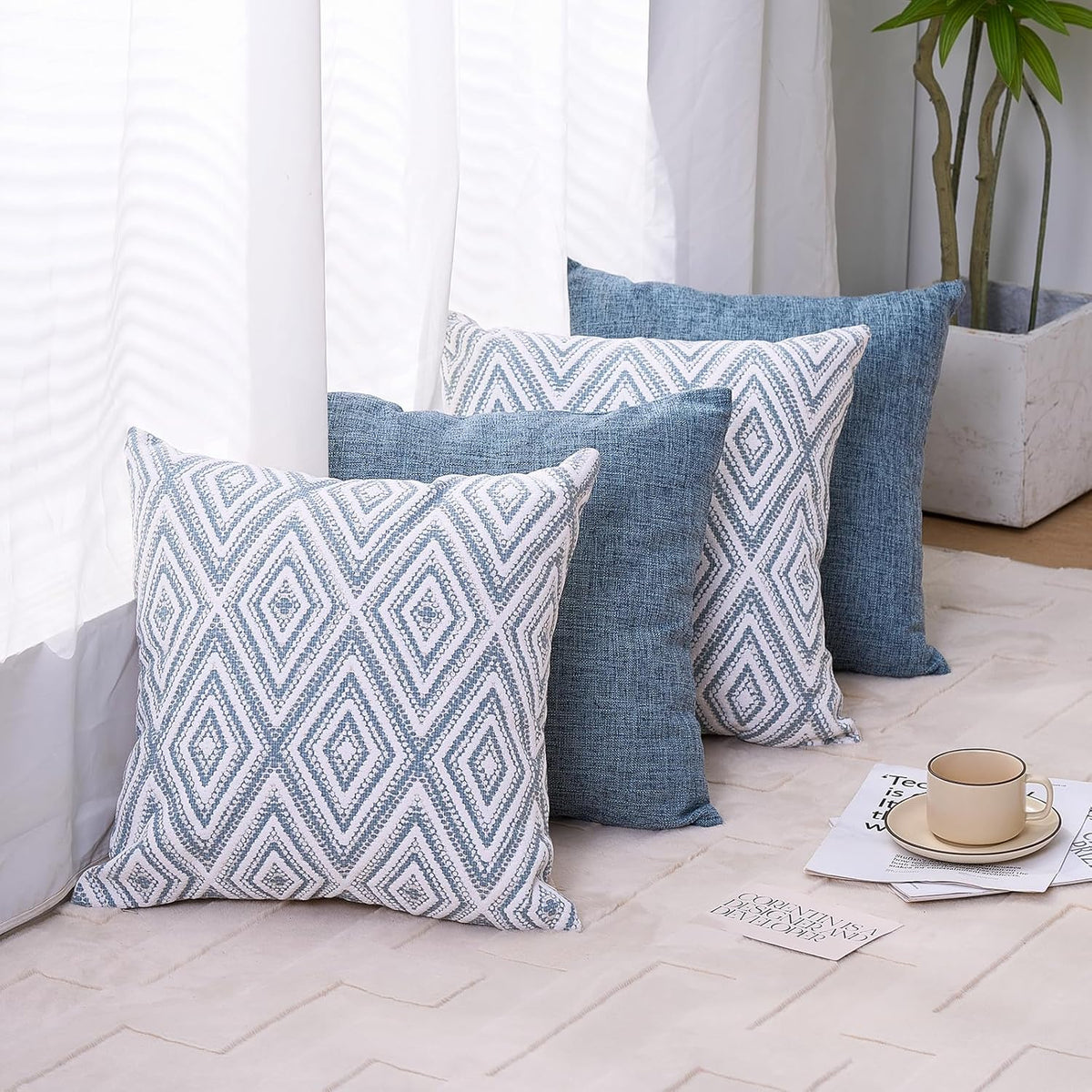 HPUK Decorative Throw Pillow Covers Set of 4 Square Couch Pillows Linen Cushion Cover for Couch Sofa Living Room, 18"x18" inches, Blue
