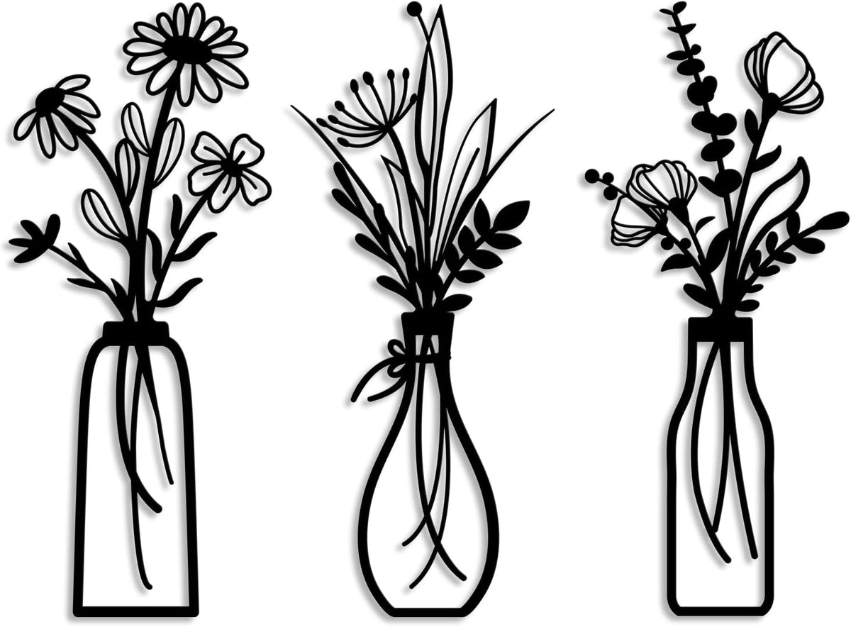 3 Pieces Metal Flowers Wall Arts - Rustic Farmhouse Decor Black Minimalist Flower Wall Decors for Living room Bathroom Bedroom Dining Room - Housewarming Gifts(Black, Vase-C)