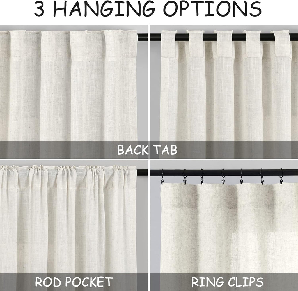 Cream Linen Back Tab Curtains 84 Inch Length for Living Room 2 Panel Set Neutral Modern Farmhouse Window Privacy Semi Sheer Linen Drapes Rustic Pinch Pleated Look Curtain Natural Ivory Colored