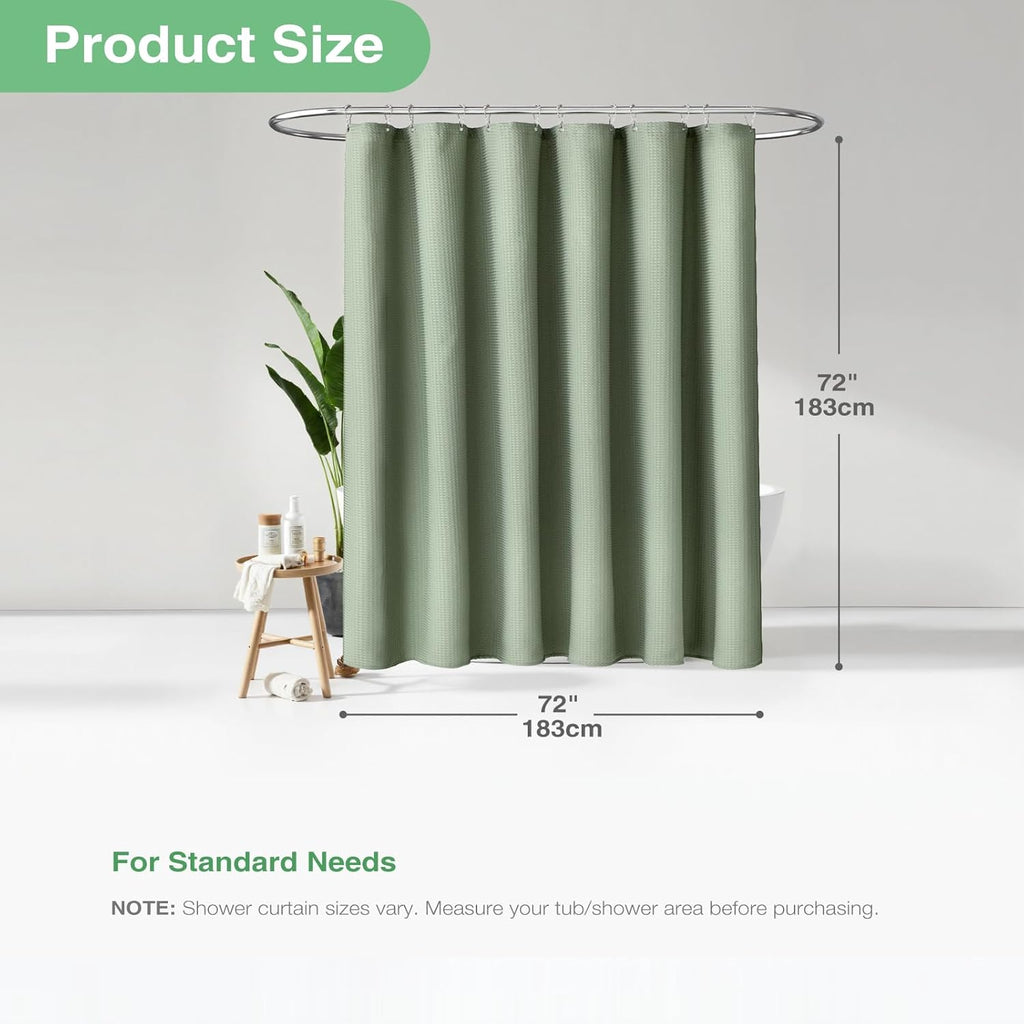 Dynamene Sage Green Shower Curtain - Waffle Textured Heavy Duty Thick Fabric Shower Curtains for Bathroom, 256GSM Luxury Weighted Polyester Cloth Bath Curtain Set with 12 Plastic Hooks，72Wx72H,Green
