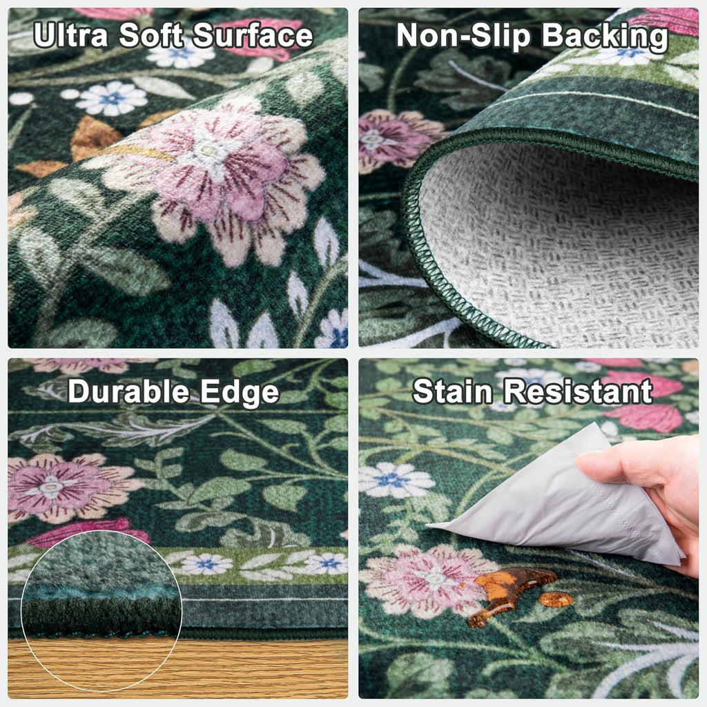 8x10 Area Rugs for Living Room: Floral Washable Rug Vintage Large Soft Boho Non-Slip Carpet Indoor Floor Stain Resistant Carpets for Bedroom Dining Room Farmhouse Nursery Home Office Dark Green