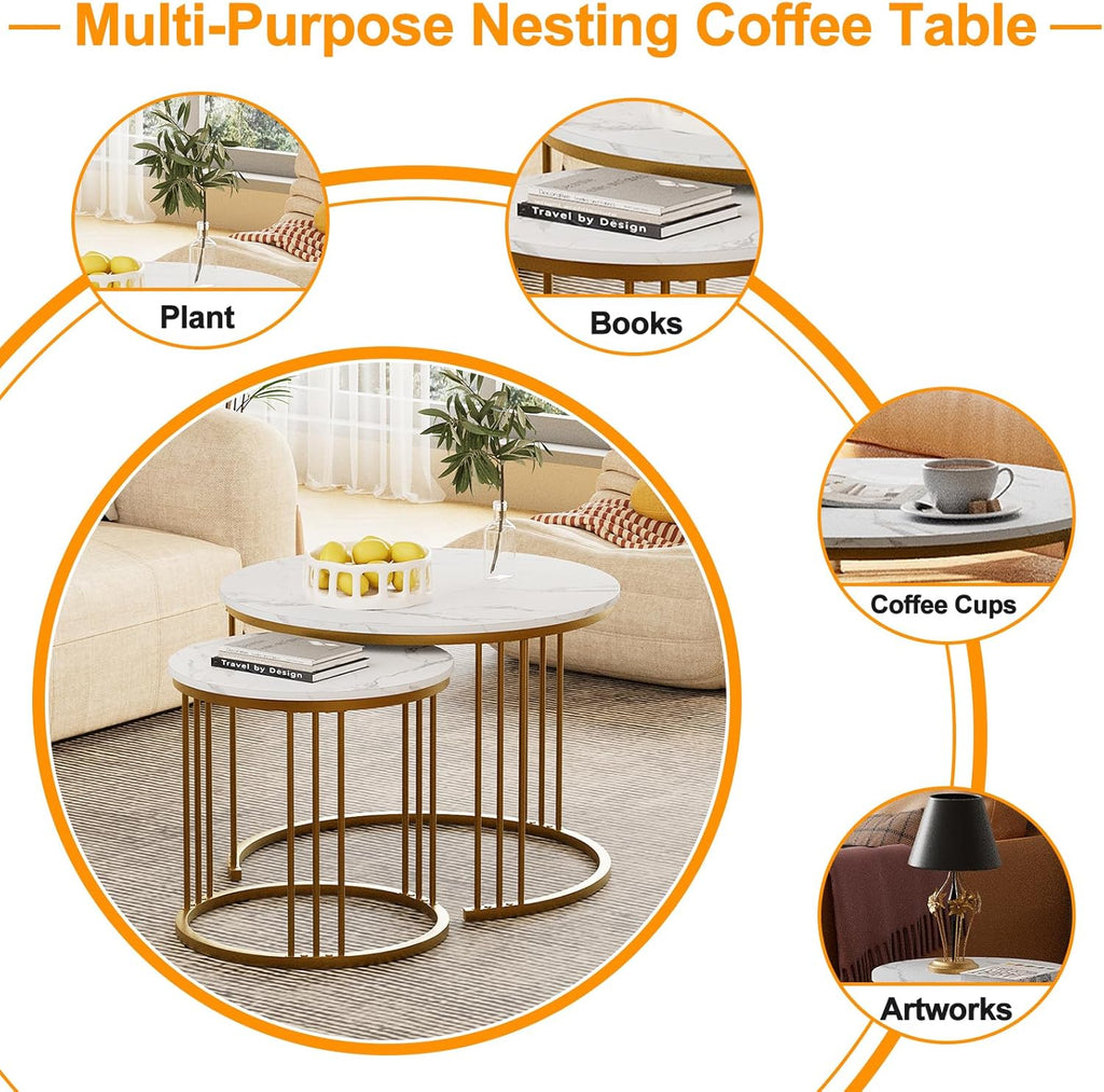 Garden 4 you Coffee Table Faux Marble Nesting Table for Small Place 2 Sets Modern Furniture Living Room Sets End Side Table Night Stand for Bed Room Dining Room (White & Gold)