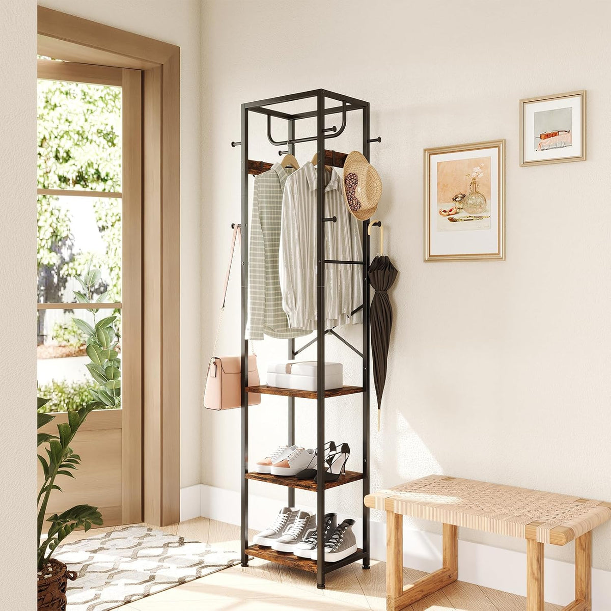 Coat Rack Freestanding, Hall Tree with 3 Storage Shelves and 12 Hooks, Industrial Clothes Rack Stand Organizer for Bedroom, Hallway, Entryway, Office, Living Room, Rustic Brown