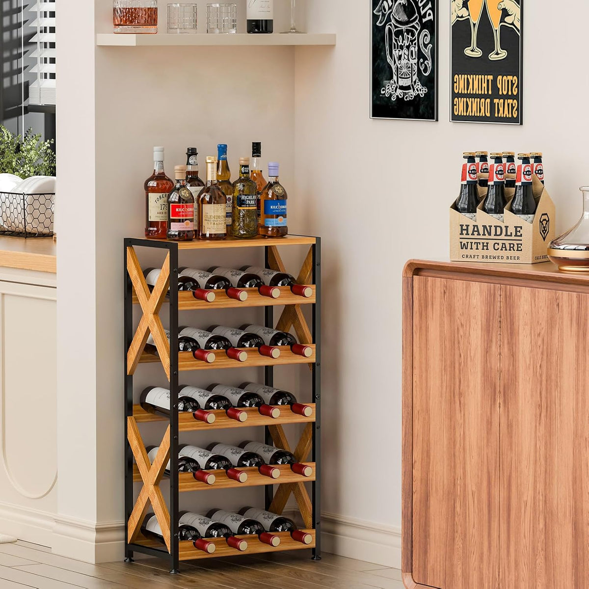20 Bottle Wine Rack Freestanding Floor with Wood Top,Wobble-Free 5 Tier Wine Display Storage Stand Shelf,Stackable Modular Wine Bottle Holder Rack for Kitchen,Cellar,Living Room