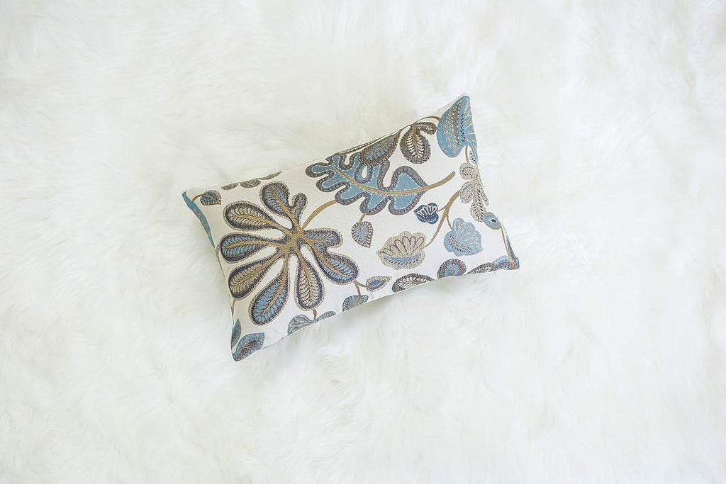 Mika Home Set of 2 Jacquard Tropical Leaf Pattern Oblong Throw Pillow Covers Accent Pillowcase 12X20 Inches,Blue Cream