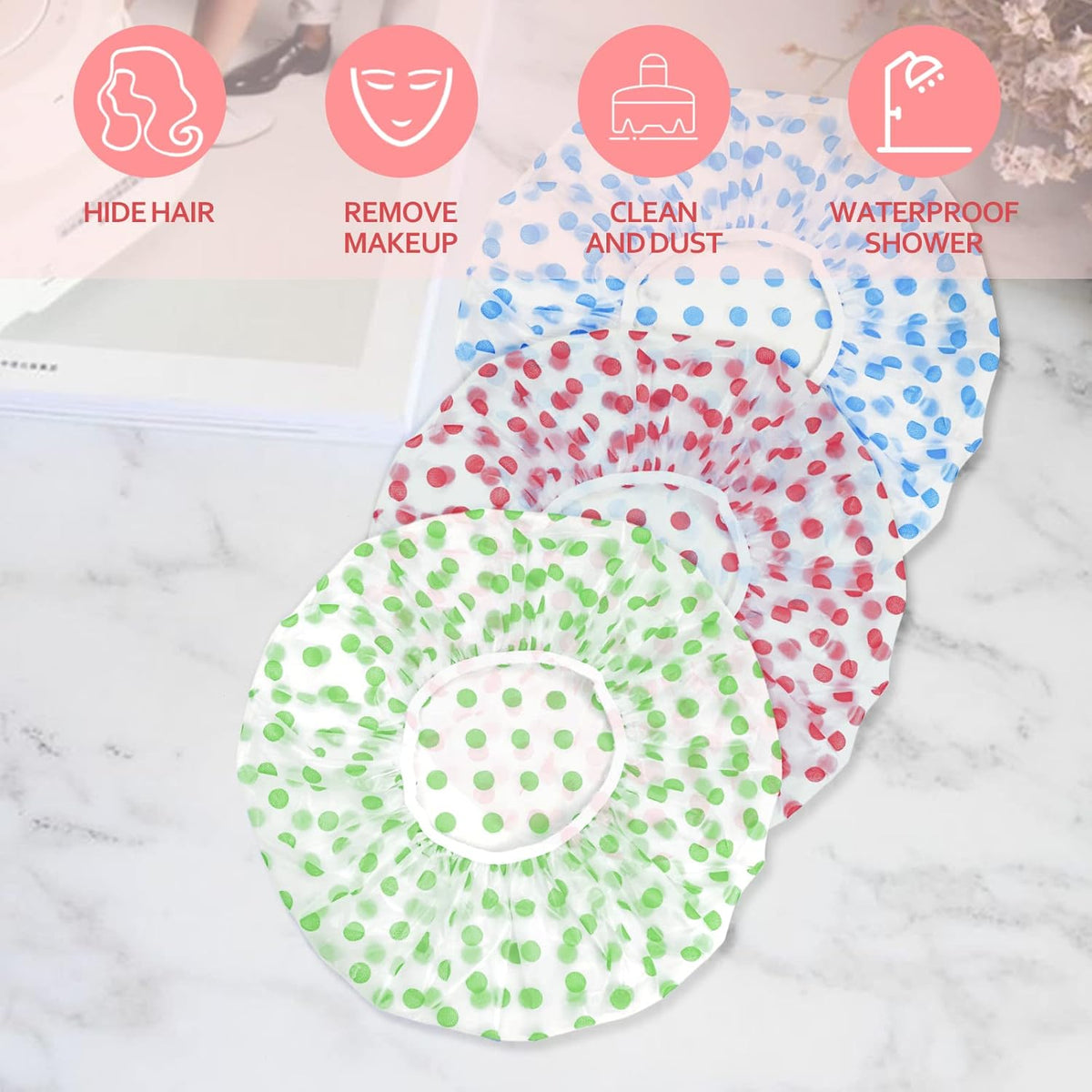3PCS Shower Caps, Elastic Reusable Waterproof Plastic Shower Cap for Women Ladies Spa Salon (Red+Green+Blue)