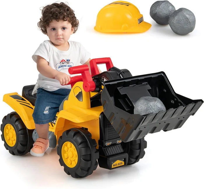 Hikidspace Kids Ride on Excavator, Construction Digger Pulling Cart with Helmet, 3 Toy Stones