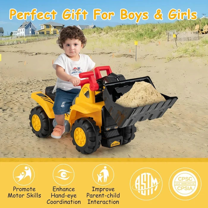 Hikidspace Kids Ride on Excavator, Construction Digger Pulling Cart with Helmet, 3 Toy Stones