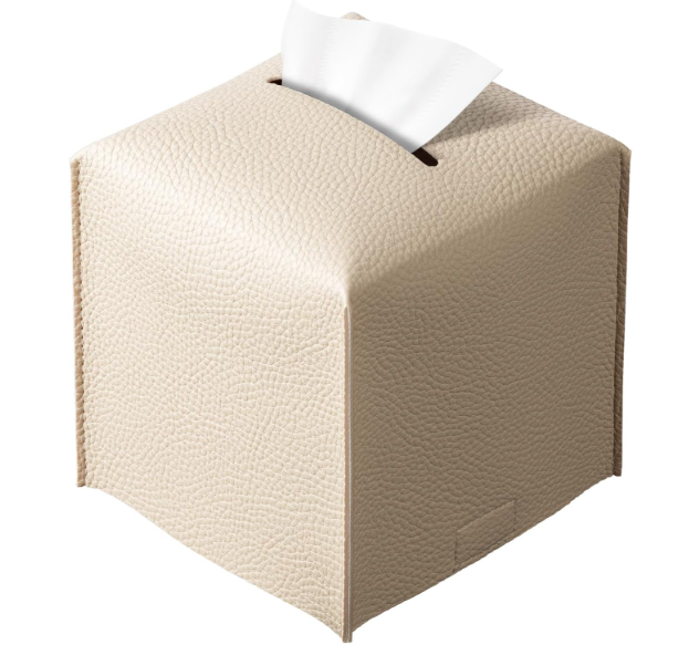 Funda de caja de pañuelos cuadrada con bandeja, soporte decorativo de cuero de PU para pañuelos de cubo para baño, dormitorio, oficina (crema)