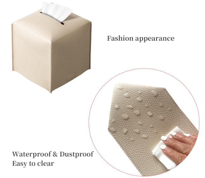 Funda de caja de pañuelos cuadrada con bandeja, soporte decorativo de cuero de PU para pañuelos de cubo para baño, dormitorio, oficina (crema)